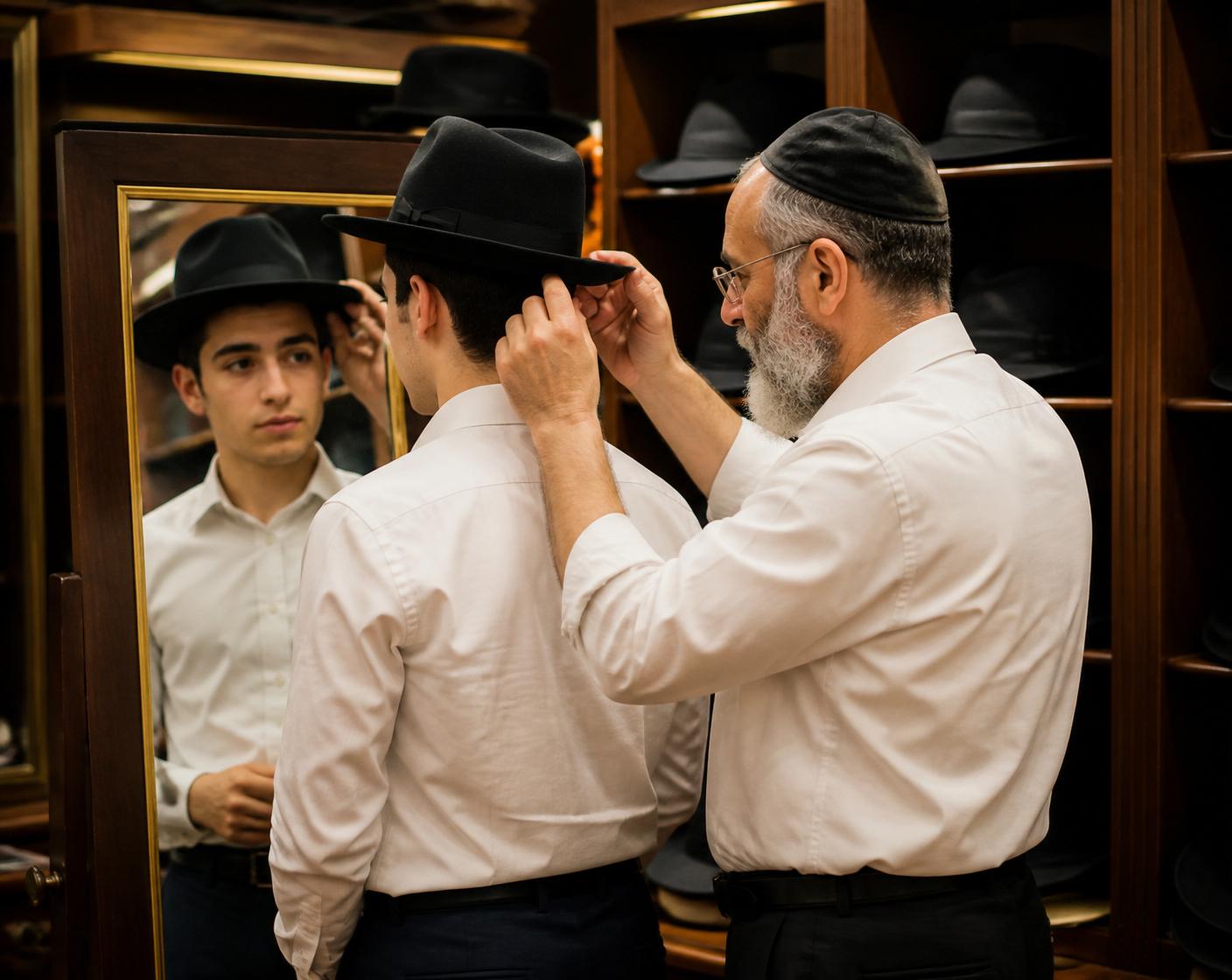 A Boro Park Hatters staff member helping a customer choose the right black hat