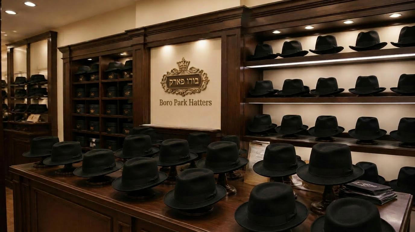 Elegant shelves of black hats inside Boro Park Hatters